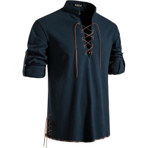 imageMens Pure Cotton Retro Lace Up Shirts for Renaissance Pirate Viking MedievalNavy Blued
