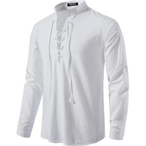 imageMens Pure Cotton Retro Lace Up Shirts for Renaissance Pirate Viking MedievalWhite