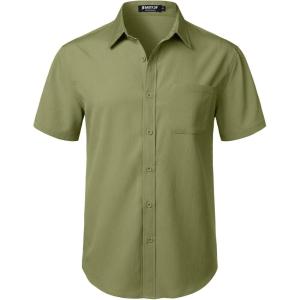 imageMens Stretch Wrinkle Free Short Sleeve Texture Shirt Summer Lightweight Button Down Shirts for Beach VacationArmy Green