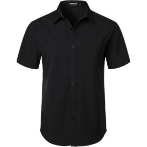 imageMens Stretch Wrinkle Free Short Sleeve Texture Shirt Summer Lightweight Button Down Shirts for Beach VacationBlack