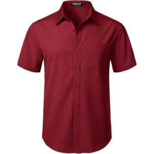 imageMens Stretch Wrinkle Free Short Sleeve Texture Shirt Summer Lightweight Button Down Shirts for Beach VacationBurgundy