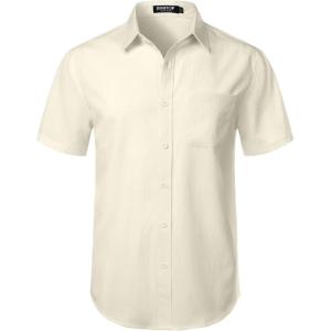 imageMens Stretch Wrinkle Free Short Sleeve Texture Shirt Summer Lightweight Button Down Shirts for Beach VacationCream White
