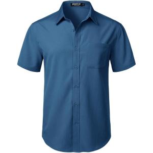 imageMens Stretch Wrinkle Free Short Sleeve Texture Shirt Summer Lightweight Button Down Shirts for Beach VacationDark Blue