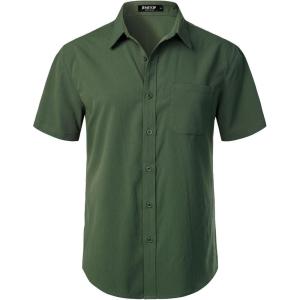 imageMens Stretch Wrinkle Free Short Sleeve Texture Shirt Summer Lightweight Button Down Shirts for Beach VacationDark Green