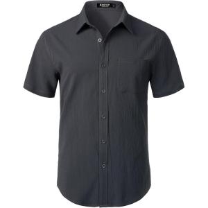 imageMens Stretch Wrinkle Free Short Sleeve Texture Shirt Summer Lightweight Button Down Shirts for Beach VacationDark Grey
