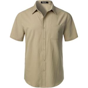 imageMens Stretch Wrinkle Free Short Sleeve Texture Shirt Summer Lightweight Button Down Shirts for Beach VacationKhaki