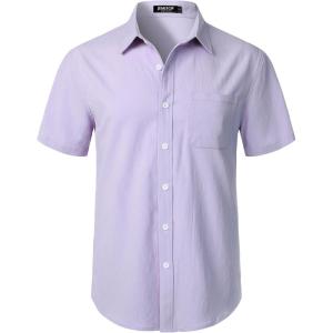 imageMens Stretch Wrinkle Free Short Sleeve Texture Shirt Summer Lightweight Button Down Shirts for Beach VacationLavender Purple