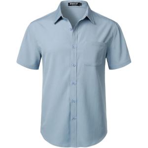 imageMens Stretch Wrinkle Free Short Sleeve Texture Shirt Summer Lightweight Button Down Shirts for Beach VacationLight Blue