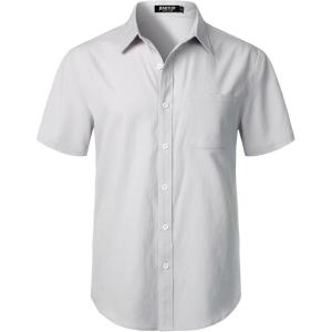 imageMens Stretch Wrinkle Free Short Sleeve Texture Shirt Summer Lightweight Button Down Shirts for Beach VacationLight Grey