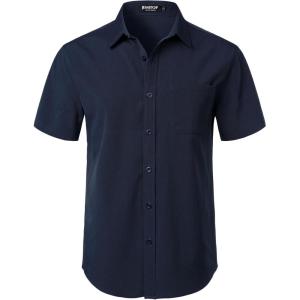 imageMens Stretch Wrinkle Free Short Sleeve Texture Shirt Summer Lightweight Button Down Shirts for Beach VacationNavy Blue