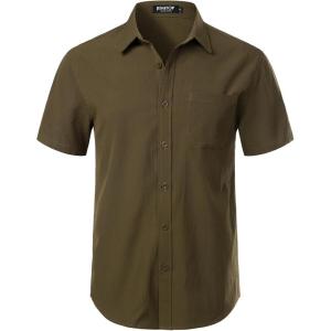 imageMens Stretch Wrinkle Free Short Sleeve Texture Shirt Summer Lightweight Button Down Shirts for Beach VacationOlive Green