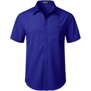 imageMens Stretch Wrinkle Free Short Sleeve Texture Shirt Summer Lightweight Button Down Shirts for Beach VacationRoyal Blue
