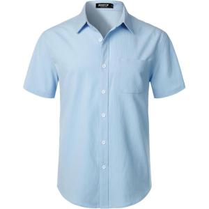 imageMens Stretch Wrinkle Free Short Sleeve Texture Shirt Summer Lightweight Button Down Shirts for Beach VacationSky Blue