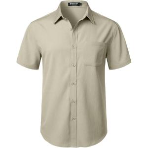 imageMens Stretch Wrinkle Free Short Sleeve Texture Shirt Summer Lightweight Button Down Shirts for Beach VacationTan