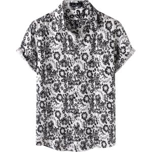 imageMens Stylish Casual Printed Short Sleeve Button Down Shirts Summer Vacation Beach Tropical Hawaiian ShirtBlack Floral