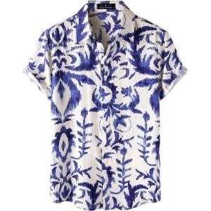 imageMens Stylish Casual Printed Short Sleeve Button Down Shirts Summer Vacation Beach Tropical Hawaiian ShirtBlue Boho Floral