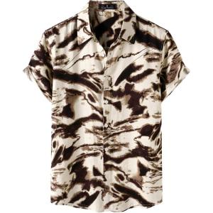 imageMens Stylish Casual Printed Short Sleeve Button Down Shirts Summer Vacation Beach Tropical Hawaiian ShirtBrown Abstract Pattern