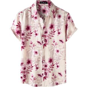 imageMens Stylish Casual Printed Short Sleeve Button Down Shirts Summer Vacation Beach Tropical Hawaiian ShirtPink Floral