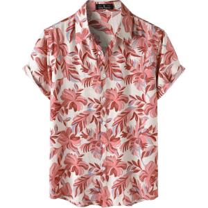 imageMens Stylish Casual Printed Short Sleeve Button Down Shirts Summer Vacation Beach Tropical Hawaiian ShirtPink Leaves