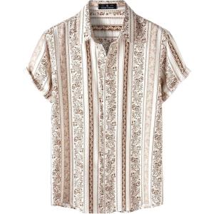 imageMens Stylish Casual Printed Short Sleeve Button Down Shirts Summer Vacation Beach Tropical Hawaiian ShirtWhite Boho Striped
