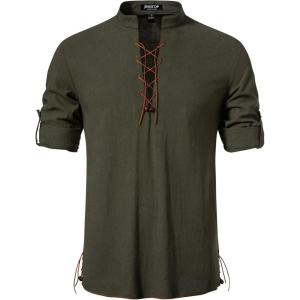 imageMens Cotton Long Sleeve Lace Up Vintage Shirts for Renaissance Pirate Viking Medieval CostumeArmy Green