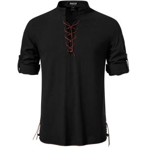imageMens Cotton Long Sleeve Lace Up Vintage Shirts for Renaissance Pirate Viking Medieval CostumeBlack