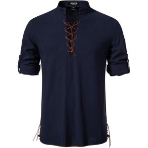 imageMens Cotton Long Sleeve Lace Up Vintage Shirts for Renaissance Pirate Viking Medieval CostumeDark Blue
