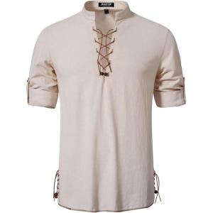 imageMens Cotton Long Sleeve Lace Up Vintage Shirts for Renaissance Pirate Viking Medieval CostumeLight Khaki