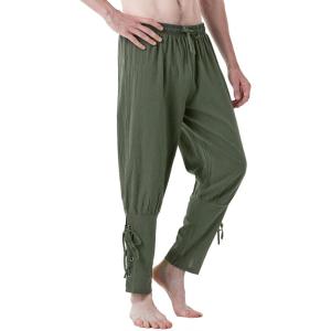 imageMens Pure Cotton Vintage Ankle Banded Pants for Renaissance Pirate Viking Medieval CostumeArmy Green