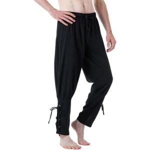 imageMens Pure Cotton Vintage Ankle Banded Pants for Renaissance Pirate Viking Medieval CostumeBlack