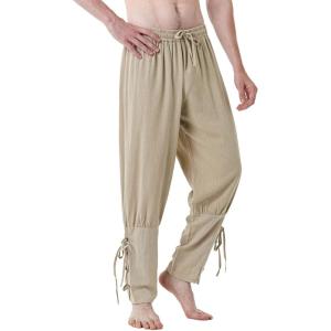imageMens Pure Cotton Vintage Ankle Banded Pants for Renaissance Pirate Viking Medieval CostumeKhaki