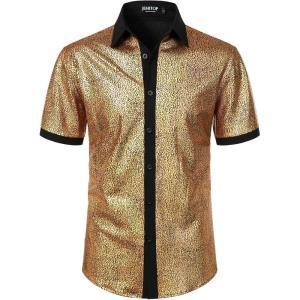 imageMens Shiny Metallic Sequin Stretchy Short Sleeve Button Down Shirts for 70s Disco Party HalloweenGold