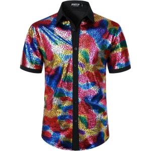 imageMens Shiny Metallic Sequin Stretchy Short Sleeve Button Down Shirts for 70s Disco Party HalloweenMulticolor