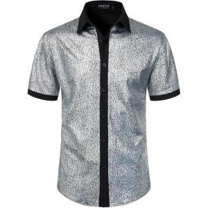 imageMens Shiny Metallic Sequin Stretchy Short Sleeve Button Down Shirts for 70s Disco Party HalloweenSilver