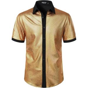 imageMens Shiny Metallic Sequin Stretchy Short Sleeve Button Down Shirts for 70s Disco Party HalloweenSolid Gold