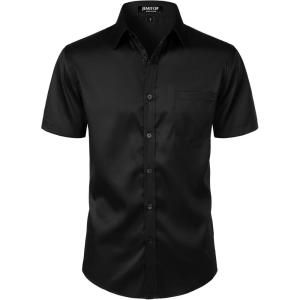imageMens Stretch Slim Fit Dress Shirts Formal Wedding Prom Short Sleeve Button Down Shirt with PocketBlack