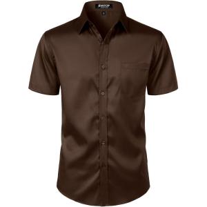 imageMens Stretch Slim Fit Dress Shirts Formal Wedding Prom Short Sleeve Button Down Shirt with PocketBrown