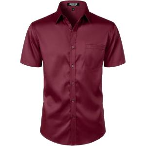 imageMens Stretch Slim Fit Dress Shirts Formal Wedding Prom Short Sleeve Button Down Shirt with PocketBurgundy
