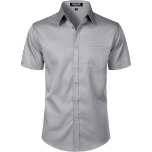 imageMens Stretch Slim Fit Dress Shirts Formal Wedding Prom Short Sleeve Button Down Shirt with PocketGrey