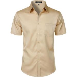 imageMens Stretch Slim Fit Dress Shirts Formal Wedding Prom Short Sleeve Button Down Shirt with PocketKhaki