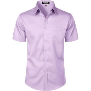 imageMens Stretch Slim Fit Dress Shirts Formal Wedding Prom Short Sleeve Button Down Shirt with PocketLavender Purple