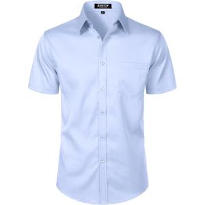 imageMens Stretch Slim Fit Dress Shirts Formal Wedding Prom Short Sleeve Button Down Shirt with PocketLight Blue