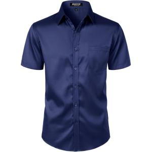 imageMens Stretch Slim Fit Dress Shirts Formal Wedding Prom Short Sleeve Button Down Shirt with PocketNavy Blue
