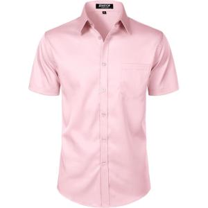 imageMens Stretch Slim Fit Dress Shirts Formal Wedding Prom Short Sleeve Button Down Shirt with PocketPink