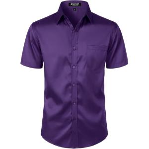 imageMens Stretch Slim Fit Dress Shirts Formal Wedding Prom Short Sleeve Button Down Shirt with PocketPurple