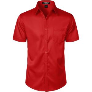 imageMens Stretch Slim Fit Dress Shirts Formal Wedding Prom Short Sleeve Button Down Shirt with PocketRed