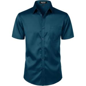 imageMens Stretch Slim Fit Dress Shirts Formal Wedding Prom Short Sleeve Button Down Shirt with PocketTeal