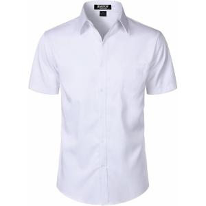 imageMens Stretch Slim Fit Dress Shirts Formal Wedding Prom Short Sleeve Button Down Shirt with PocketWhite