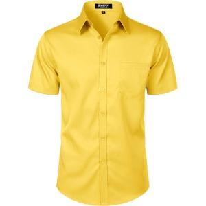 imageMens Stretch Slim Fit Dress Shirts Formal Wedding Prom Short Sleeve Button Down Shirt with PocketYellow