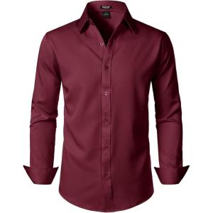 imageMens Stretch Soft Slim Fit Dress Shirts Long Sleeve Formal Wedding Business Casual Button Down ShirtBurgundy